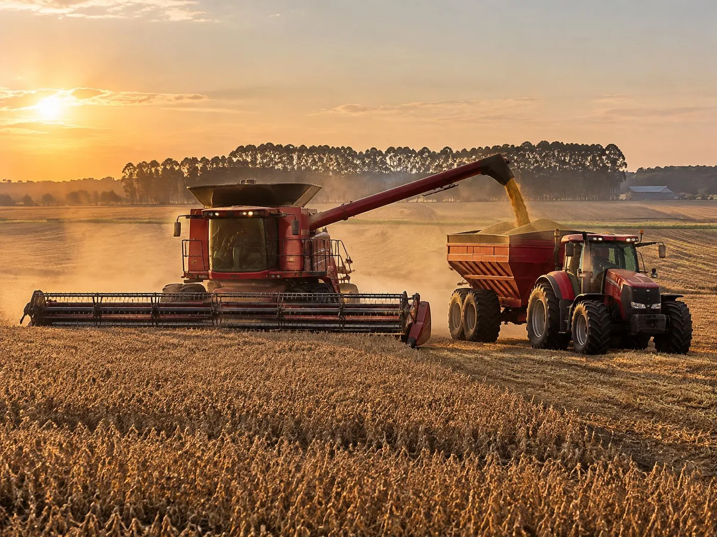 Colheitadeira e trator vermelhos descarregando soja em uma lavoura ao pôr do sol (imagem ilustrativa)