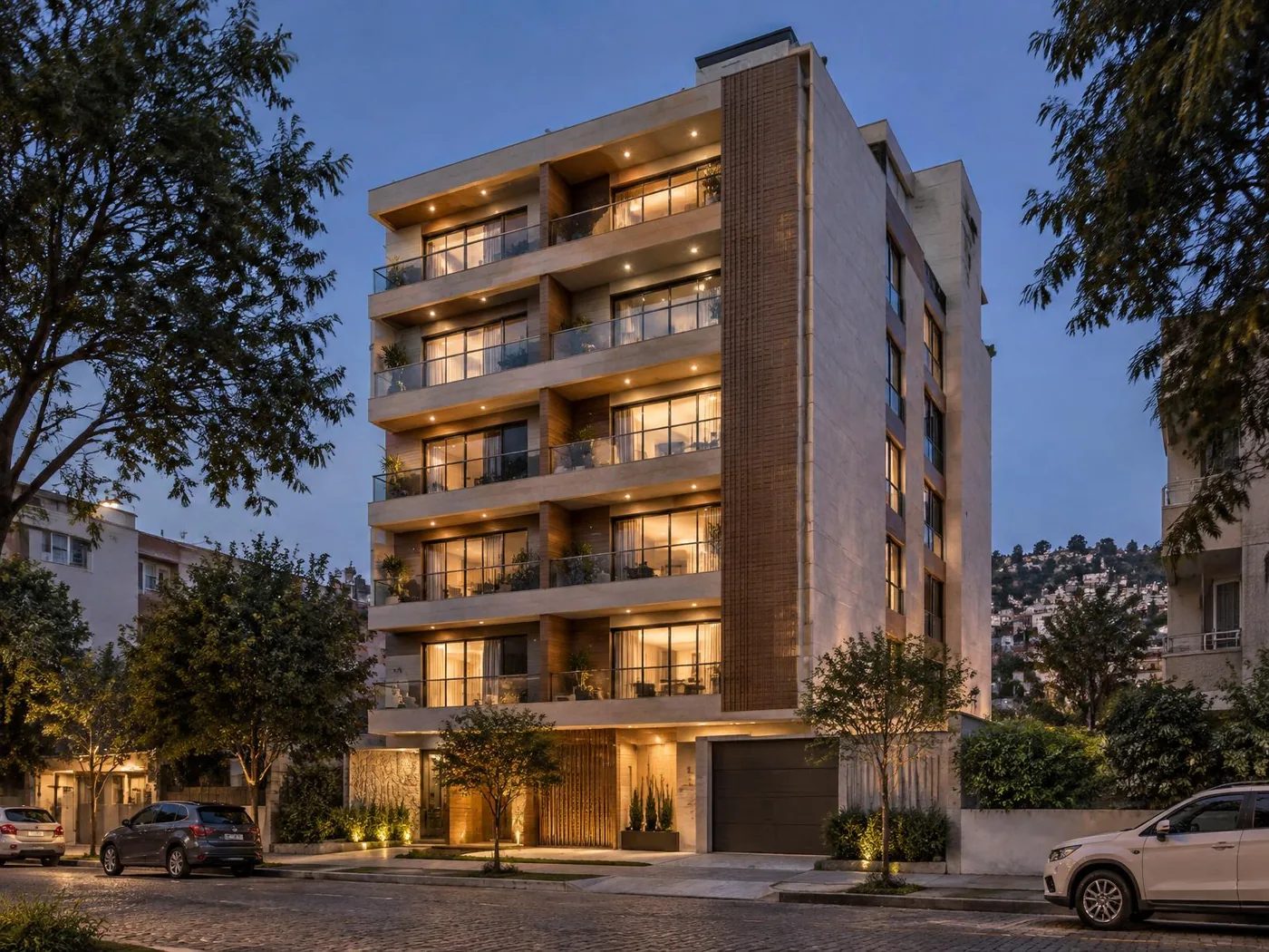 Edifício residencial de seis andares em rua arborizada, ao anoitecer (imagem ilustrativa)